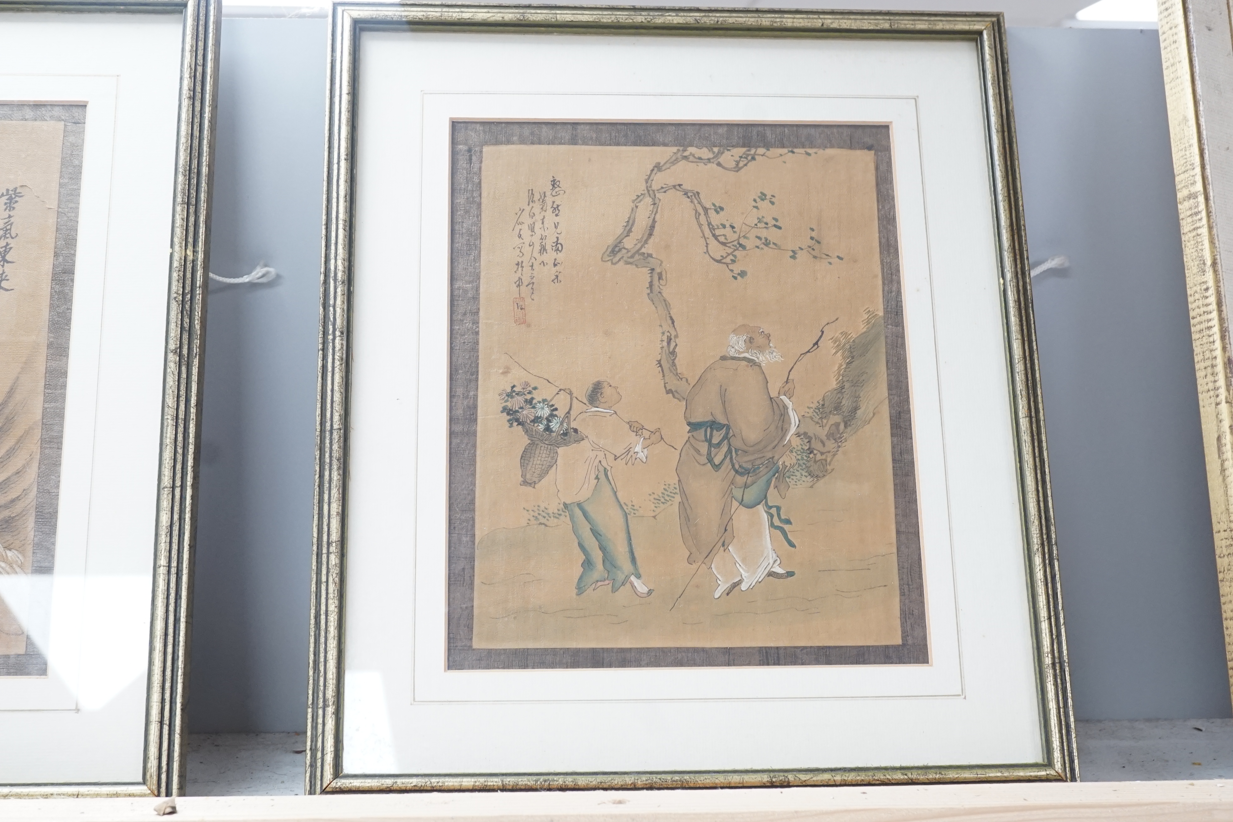Chinese School, four ink and watercolour studies, Figures in landscapes, 23 x 18cm